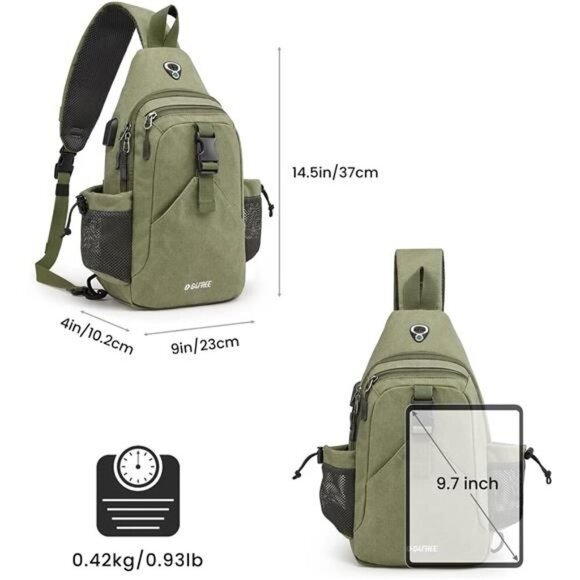 Canvas Sling Bag Crossbody Backpack with USB Charging Port &RFID Blocking,Hiking - Picture 3 of 7